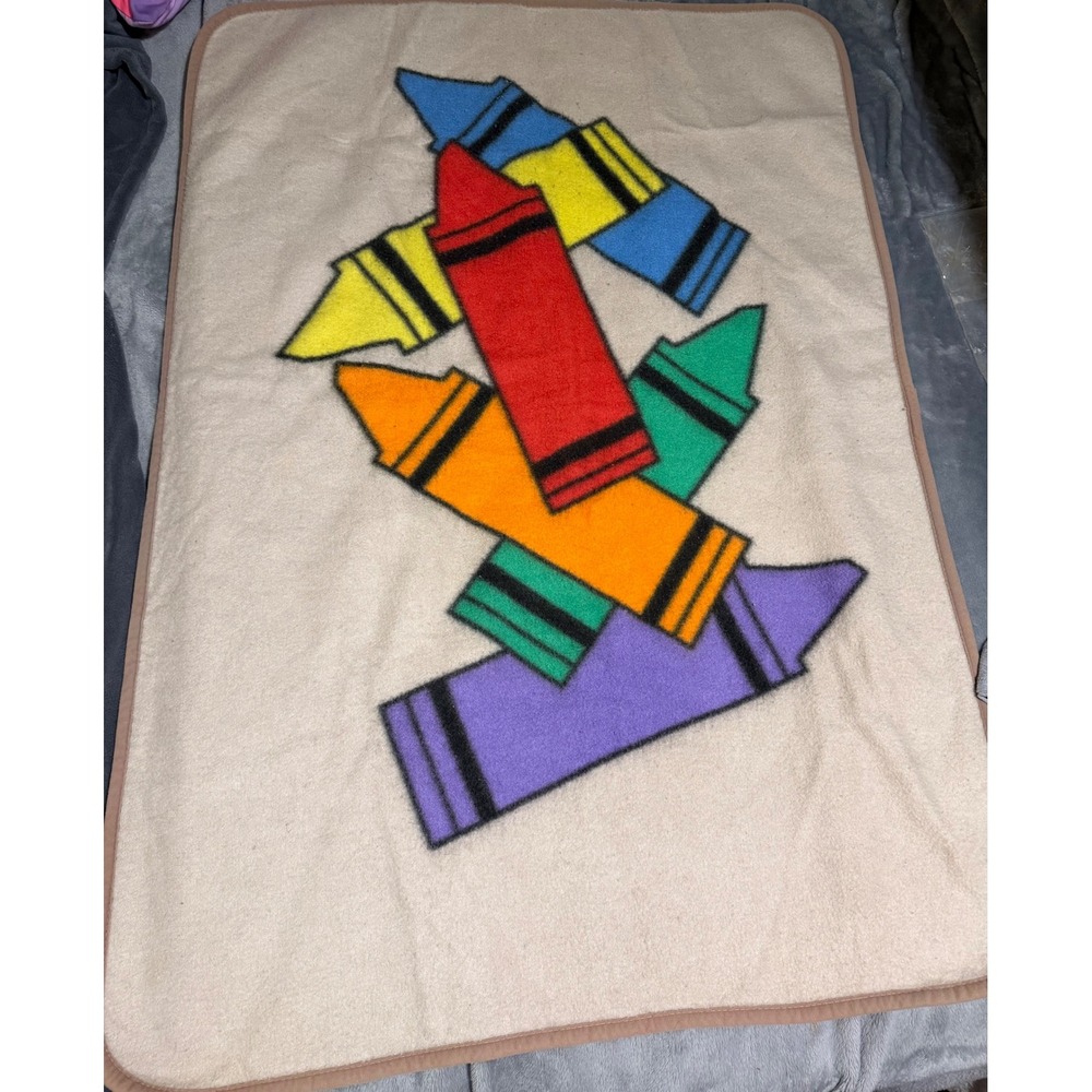 Vintage Yamaken Ltd Crayon Throw Blanket Beige Colorful Art Made in Japan 33x45